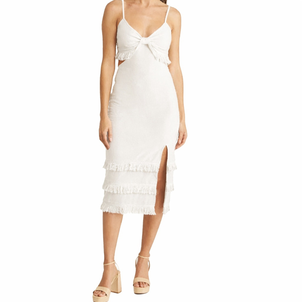 Women's White Fringe Cotton Beach Dress Size M Boho Indie Cottagecore Vacation